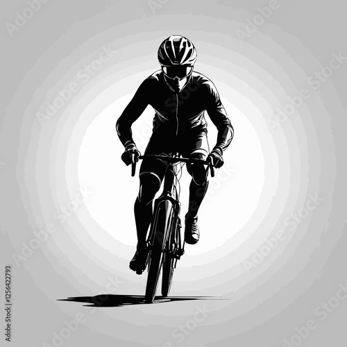  Silhouette of an action biker in front view. A dynamic cyclist silhouette in motion. Isolated on a white background.