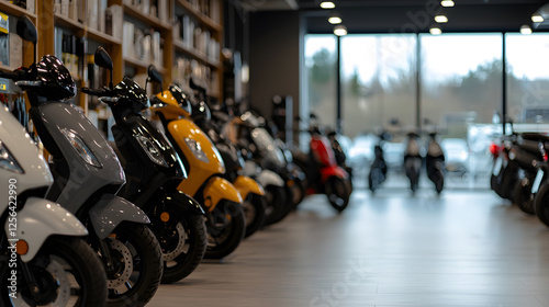 Variety of scooters displayed in a showroom. The scooters are lined up in a row, showcasing different colors and styles in an indoor environment.