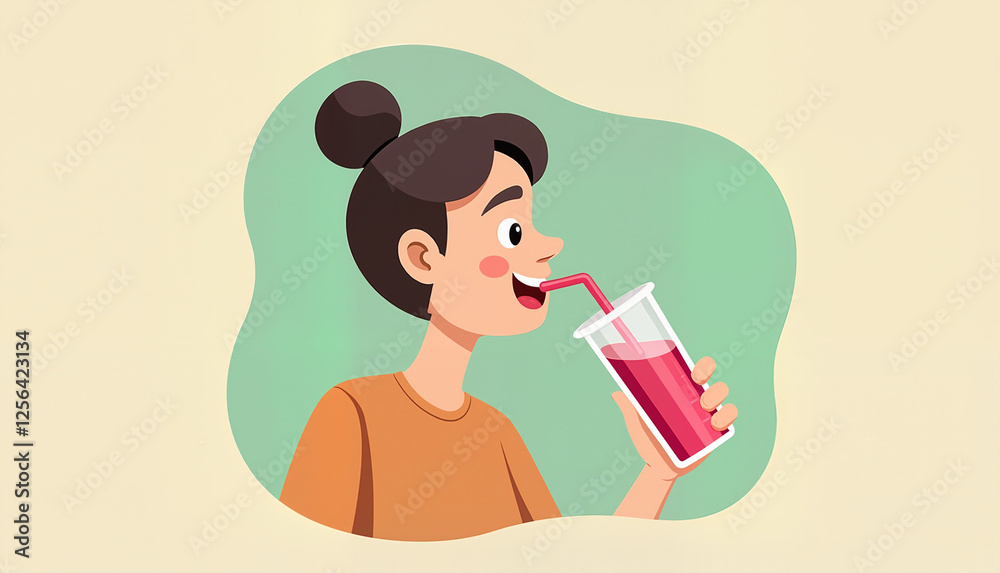 Happy girl drinking juice with a straw against a colorful background Happy girl drinking juice with a straw against a colorful background