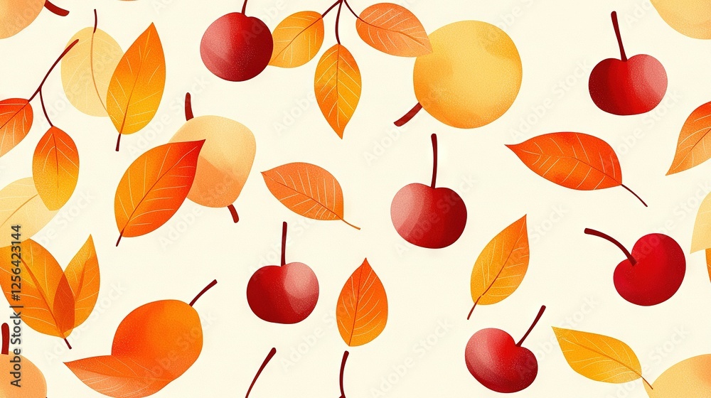 Fototapeta premium A pattern of cherries, leaves, apples on a white background, with oranges and reds on them