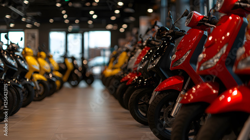 Motorcycle display: A row of mopeds in red, black and yellow are showcased inside a shop with large windows and tile flooring, illuminated by overhead lights. photo