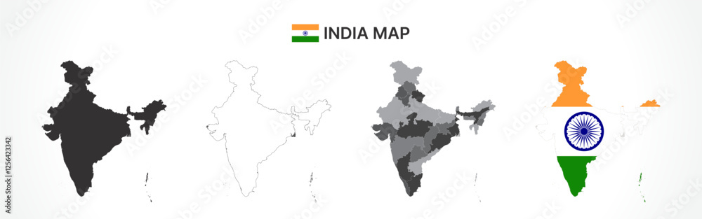 Detailed India Map Collection with Outline, Silhouette, States, and Flag Overlay Variations Detailed India Map Collection with Outline, Silhouette, States, and Flag Overlay Variations