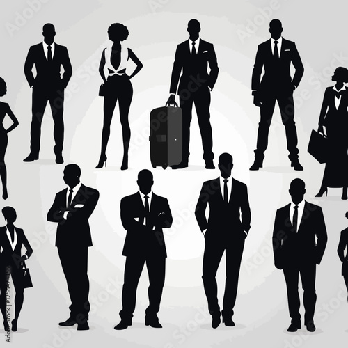 Vector silhouettes of men and women with a group of businessmen standing in profile. Silhouettes in black color isolated on a white background.