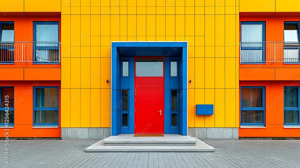 Fototapeta premium Modern Colorful Building with Red Door and Geometric Design Facade