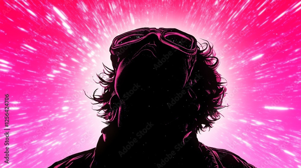 Fototapeta premium Silhouette of a person with goggles looking up at a vibrant pink light streak background.