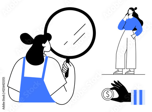 Woman holding a magnifying glass, pondering stance, hand holding a coin, and abstract blue lines. Ideal for introspection, personal growth, decision-making, financial analysis, self-awareness