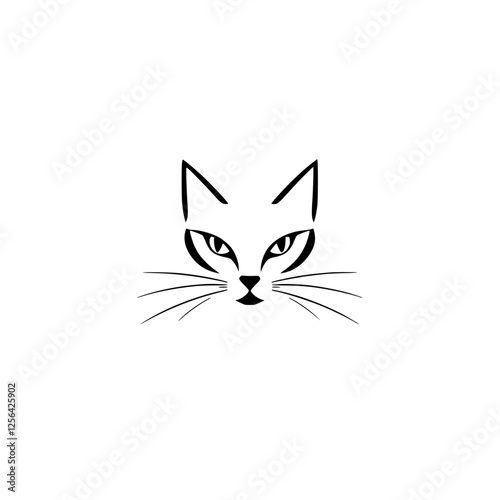 Simple, minimalist cat face sketch; stark black and white minimalist design; stylish graphical illustration.