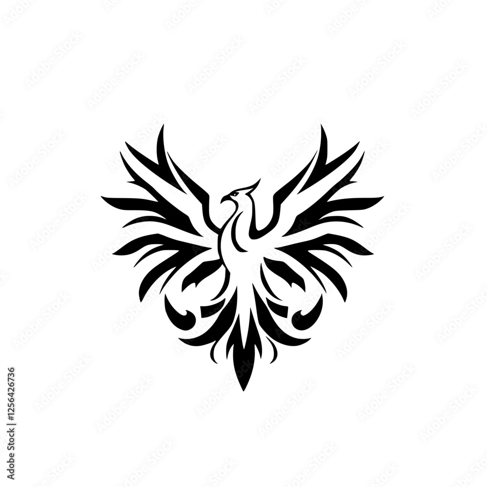Obraz premium Ornate Phoenix Emblem with Spread Wings - Black and white logo of a bird with open wings