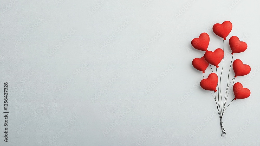 Red balloons float in the air against a white backdrop, their strings tying them together in a heart shape Red balloons float in the air against a white backdrop, their strings tying them together in a heart shape