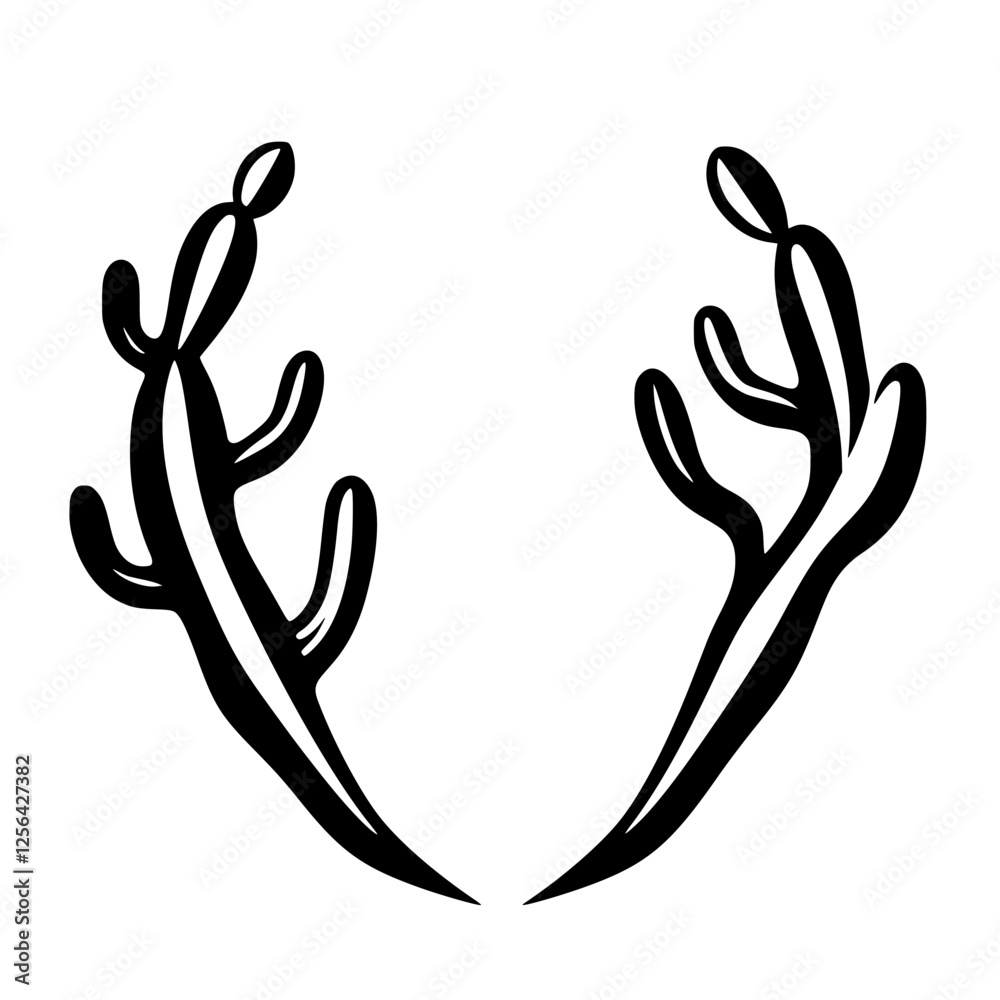Obraz premium Artistic illustration of two stylized black cactus branches, curving inward on a white background.