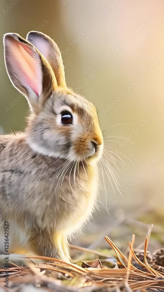 Wild rabbit exploring forest floor, attentively sniffing and moving nose while standing among dry leaves and pine needles under warm sunlight, showcasing natural woodland behavior Wild rabbit exploring forest floor, attentively sniffing and moving nose while standing among dry leaves and pine needles under warm sunlight, showcasing natural woodland behavior