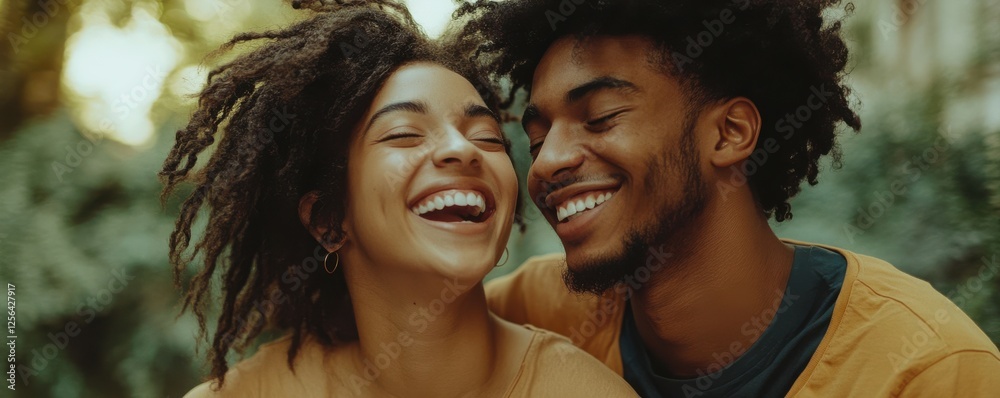 Fototapeta premium Happy young african couple laughing outdoors in warm sunlight