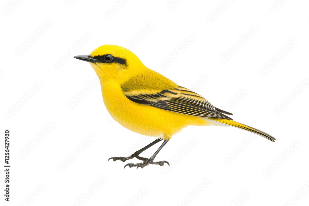 Obraz premium Yellow bird with black stripes on its wings is standing on a white background