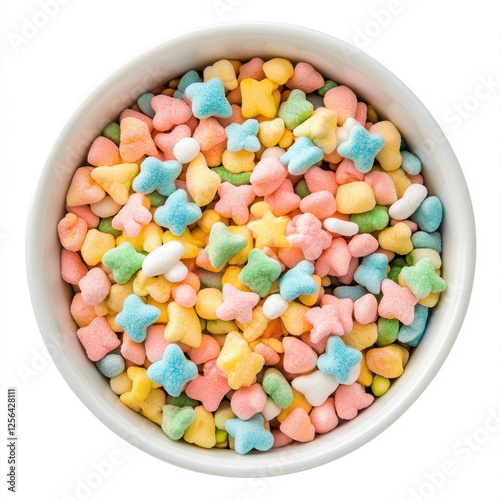 A bowl filled with colorful, star-shaped cereal pieces in pastel colors, showcasing a playful and vibrant design ideal for breakfast or snacks.