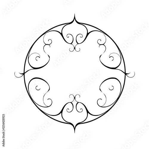 Elegant black decorative ironwork, artistic circular frame against a white background, with flourishes.