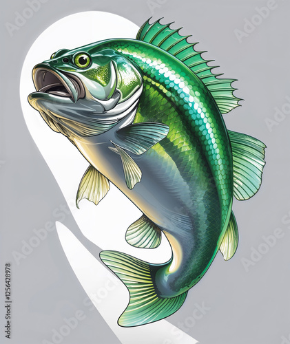 An active jump of a bass with a curved body, detailed scales.