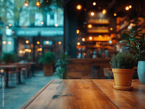 Cozy café or restaurant interior with a wooden table in the foreground, a potted plant, warm lighting, and blurred background lights