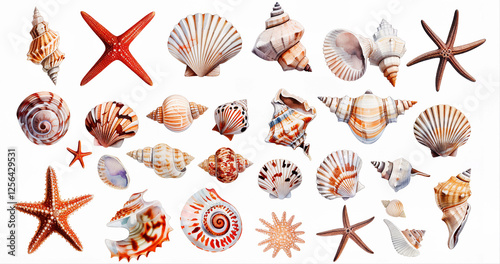 Collection of watercolor painted seashells, stars, various shells on white background photo