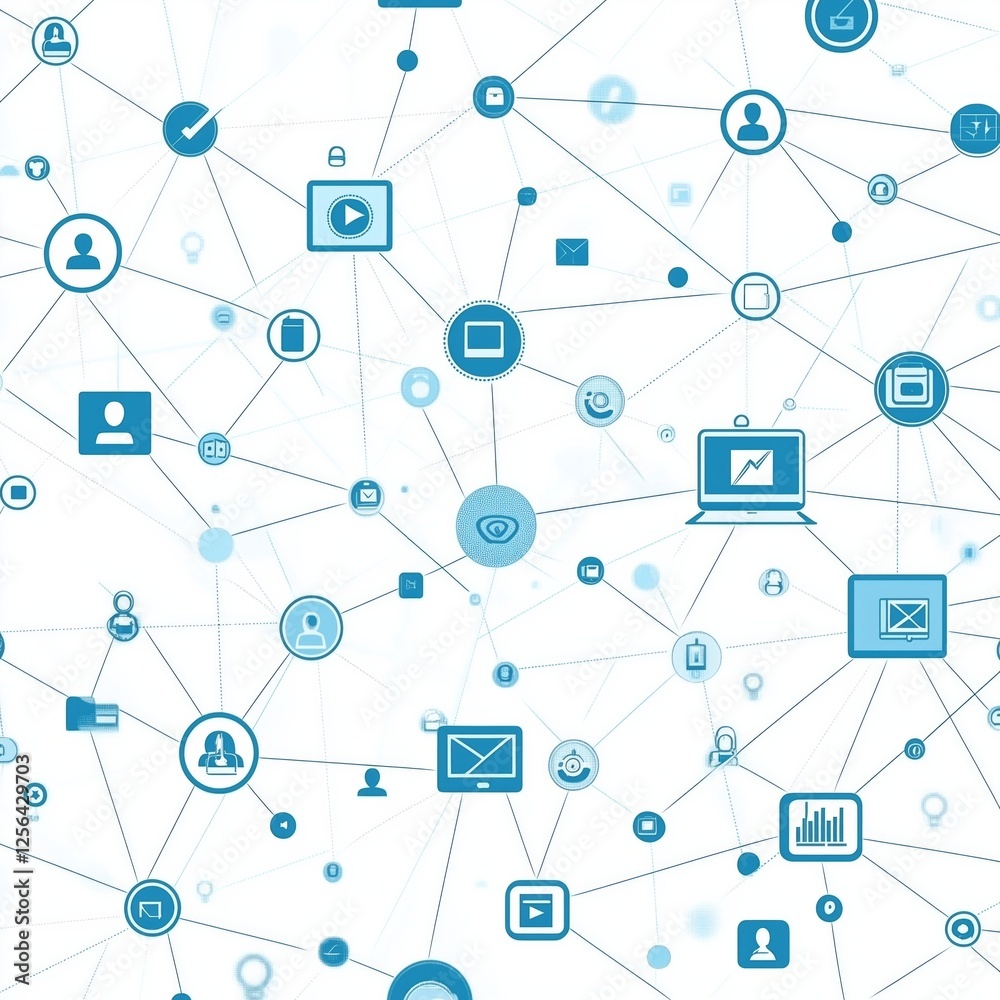 Abstract digital network with technology icons and connected nodes Abstract digital network with technology icons and connected nodes