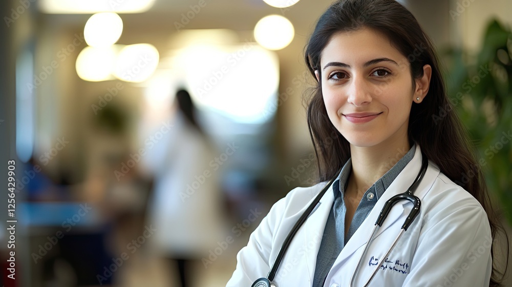 Confident professional in a medical coat with a stethoscope posing with a warm smile, symbolizing dedication to healthcare Confident professional in a medical coat with a stethoscope posing with a warm smile, symbolizing dedication to healthcare