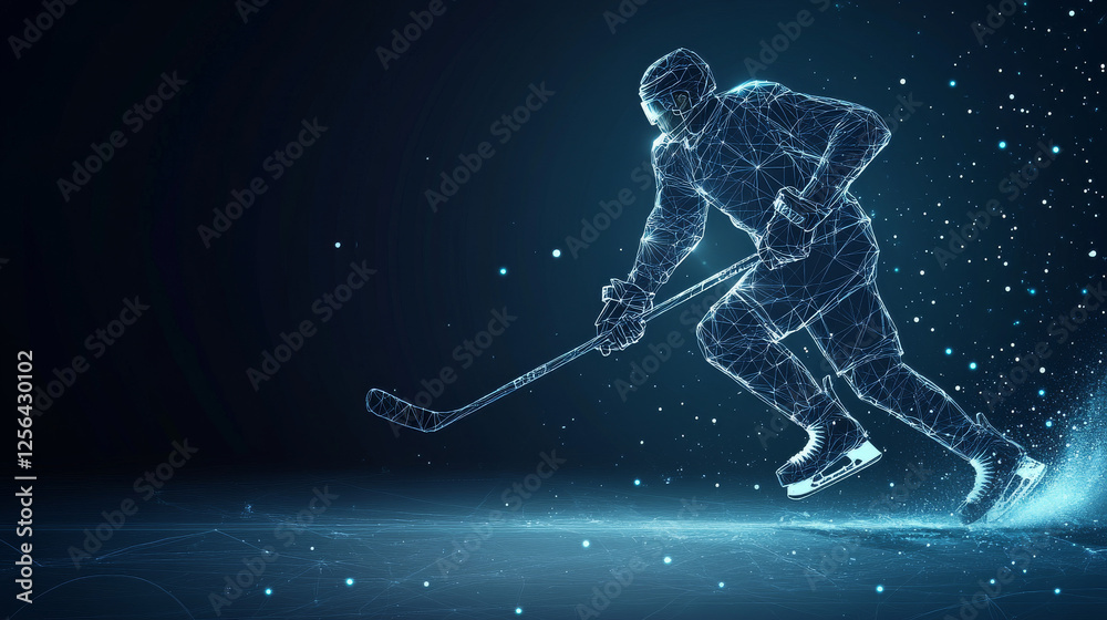 Obraz premium Hockey player consists of points, lines and triangles. The polygon shape in the form of a silhouette of a hockey player on a dark background. Vector illustration. Graphic concept of hockey.