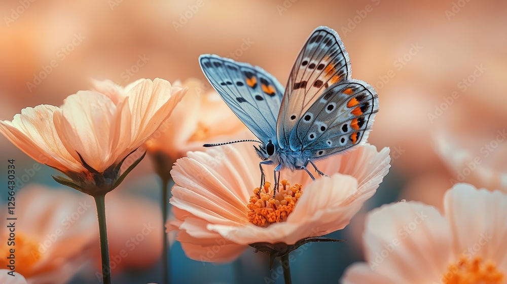 Obraz premium A vibrant butterfly perched on a soft peach flower in a serene garden.