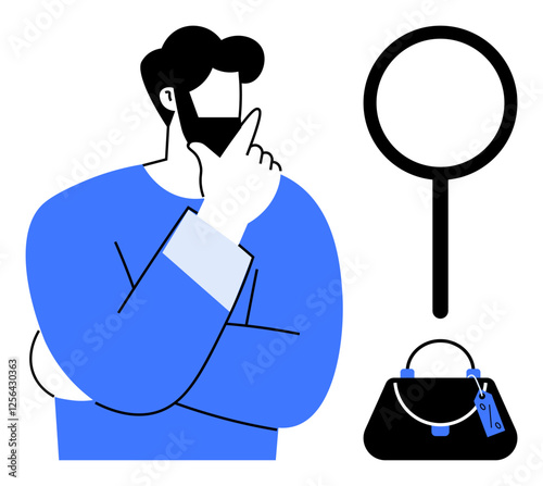 Man with hand on chin in blue top symbolizes thoughtful decision-making, magnifying glass suggests search or inspection, handbag emphasizes fashion and style. Ideal for fashion, search, decisions