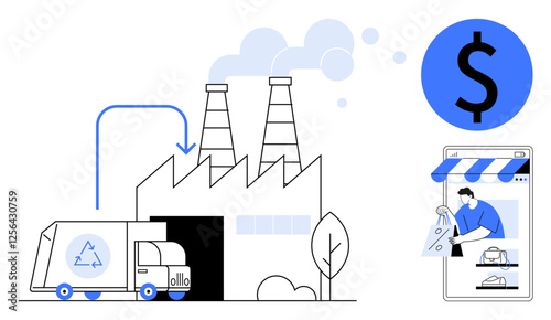 Factory with delivery truck loading goods, person shopping online via mobile phone, blue dollar sign symbol. Ideal for e-commerce, logistics, online business, manufacturing, economy, trade