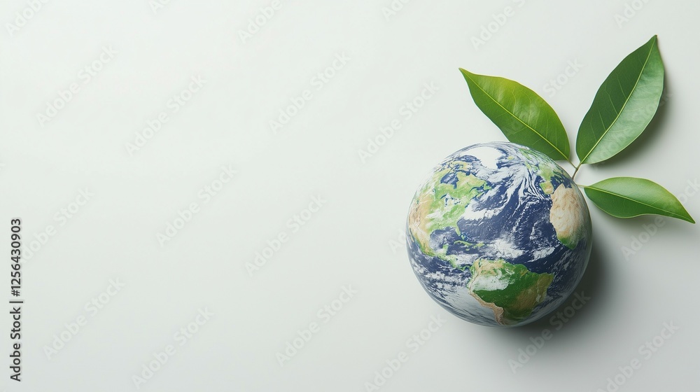 Featuring a stylized globe with vibrant green continents, this portrayal highlights environmental themes on a clean white surface, complemented by a single green leaf Featuring a stylized globe with vibrant green continents, this portrayal highlights environmental themes on a clean white surface, complemented by a single green leaf