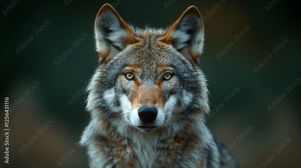 A majestic wolf with piercing eyes and a striking coat stands out against a dark background A majestic wolf with piercing eyes and a striking coat stands out against a dark background