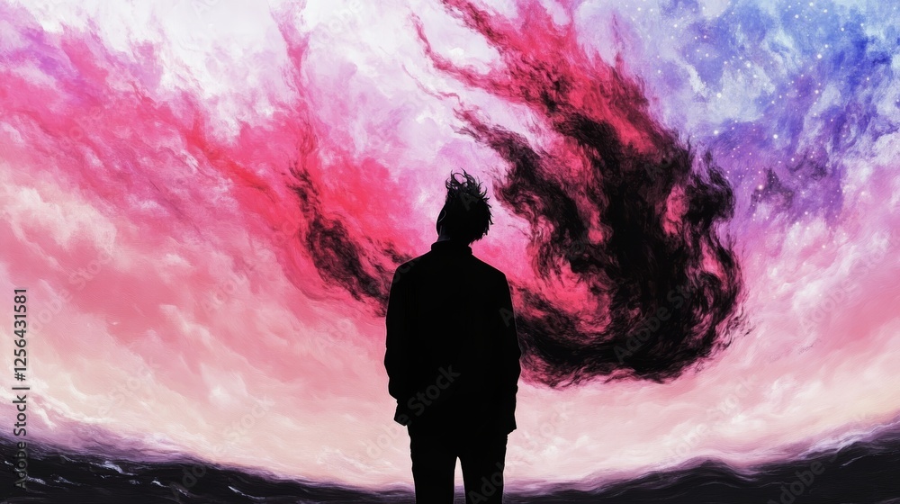 Silhouette of a young man against a vibrant pink and purple sky, engulfed in dark, swirling clouds. A surreal and emotional scene.