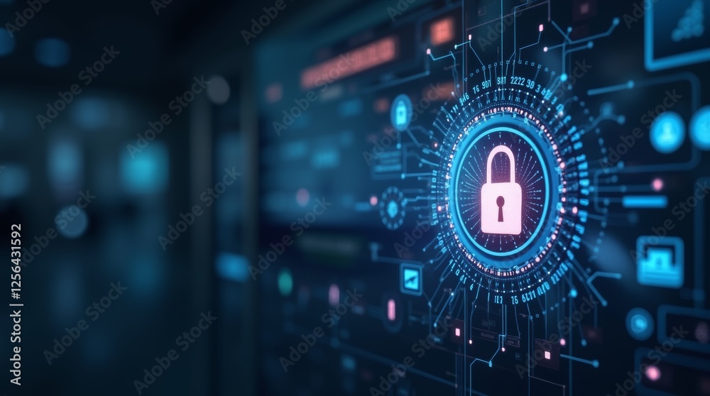 Fototapeta premium lock and shield symbol on a digital interface, emphasizing cybersecurity and protection