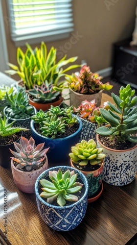 Wallpaper Mural Variety of vibrant succulent plants displayed in colorful pots on a wooden table indoors Torontodigital.ca
