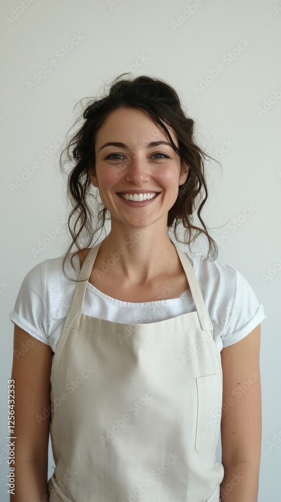 Smiling woman in kitchen wearing apron while preparing food during daylight hours Smiling woman in kitchen wearing apron while preparing food during daylight hours