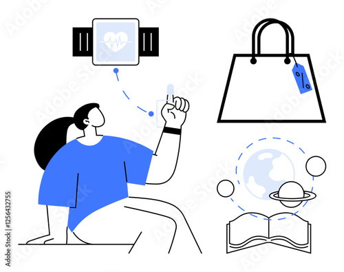Woman interacting with smartwatch features, a shopping bag with a tag, an open book, and a planet with orbits. Ideal for technology, shopping, education, fitness, exploration innovation
