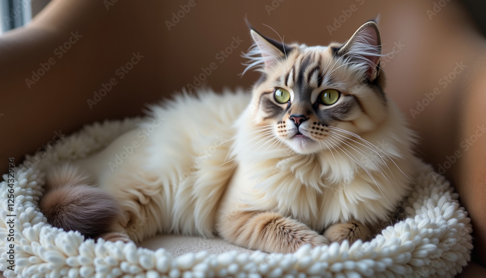 Obraz premium Fluffy cat relaxing in cozy pet bed on a brown armchair