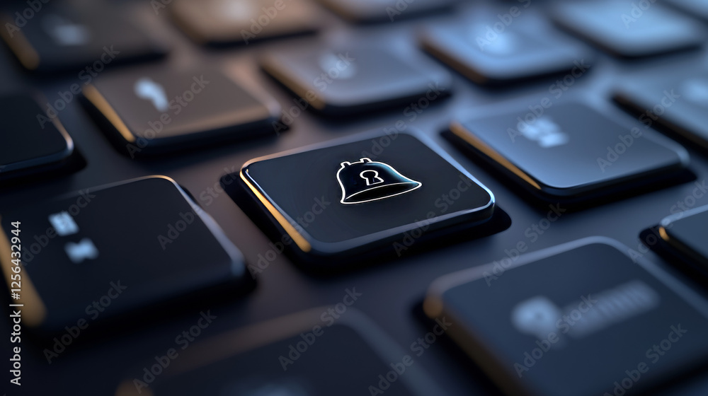 Computer keyboard, macro button with a picture of a bell. 3D render of a laptop keyboard Computer keyboard, macro button with a picture of a bell. 3D render of a laptop keyboard