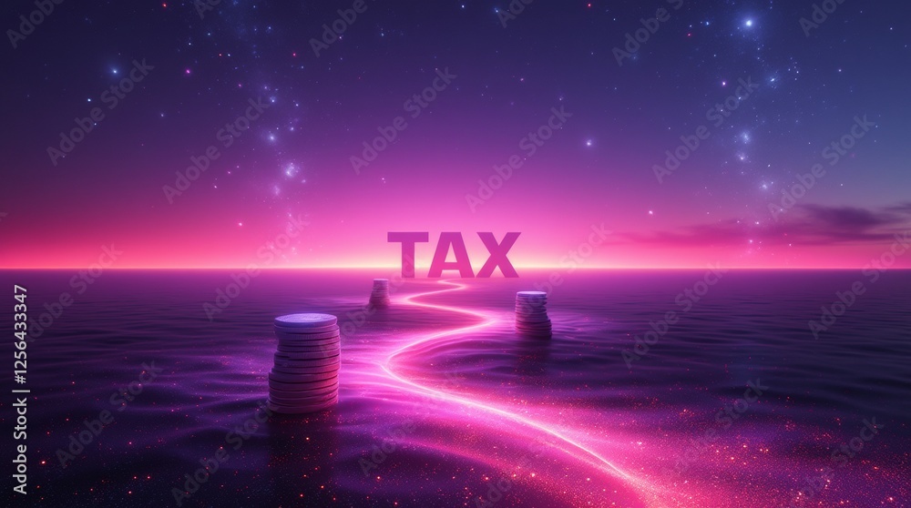 Fototapeta premium Tax season 2025: blocks spelling 'TAX 2025' on stacks of coins. 