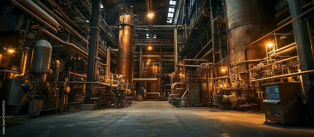 Fototapeta premium Industrial interior showcasing large machinery and pipes in a dimly lit factory environment