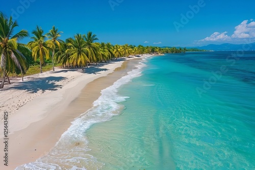 Drone capture of pristine beach with crystal-clear turquoise waters and swaying palm trees.
