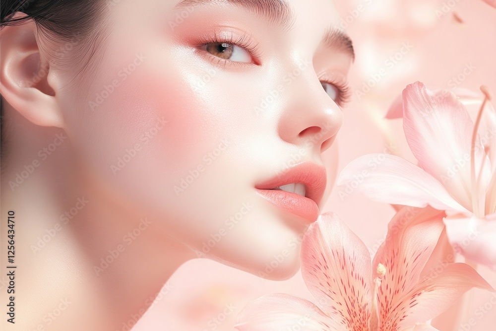Elegant floral beauty portrait showcasing a serene model in soft pastel tones Elegant floral beauty portrait showcasing a serene model in soft pastel tones