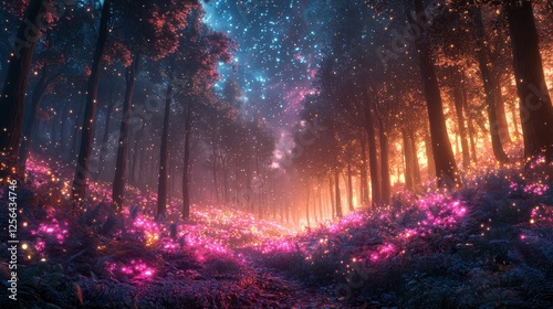 Enchanted Forest at Night with Glowing Plants