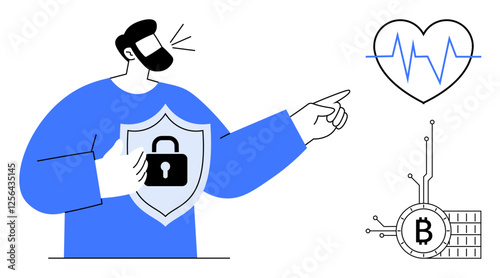 Blue-clothed man holds a shield with a lock, pointing toward a heartbeat line and a Bitcoin symbol. Ideal for cybersecurity, healthcare data, crypto security, digital protection, tech illustrations