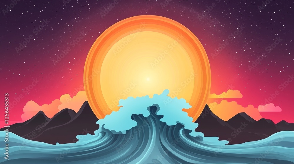 Obraz premium Vibrant sunset over a serene ocean, with large waves crashing against the silhouette of mountains. The scene is stylized with a paper-cut aesthetic.
