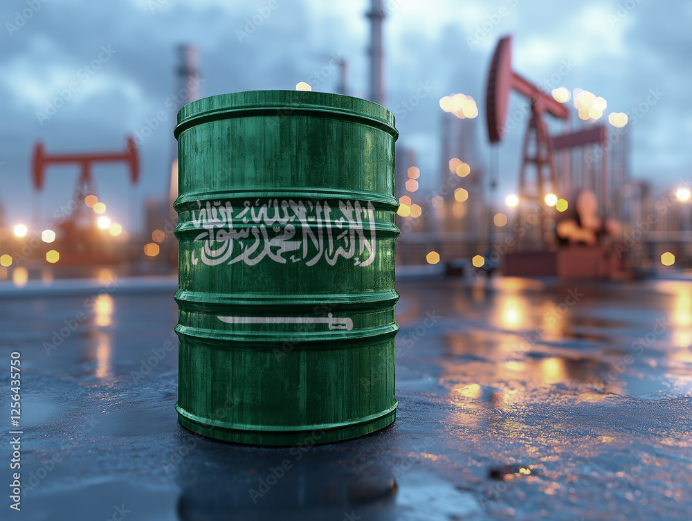 Oil barrel with flag of saudi arabia stands on the ground. With oil pumps and oil production in the background. Generative Ai Oil barrel with flag of saudi arabia stands on the ground. With oil pumps and oil production in the background. Generative Ai