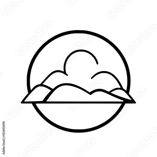 Simplified stylized logo of clouds with hills, outlined within a circle, embodying simplicity and minimalism.
