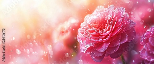 Dew-kissed pink flower in soft sunlight.