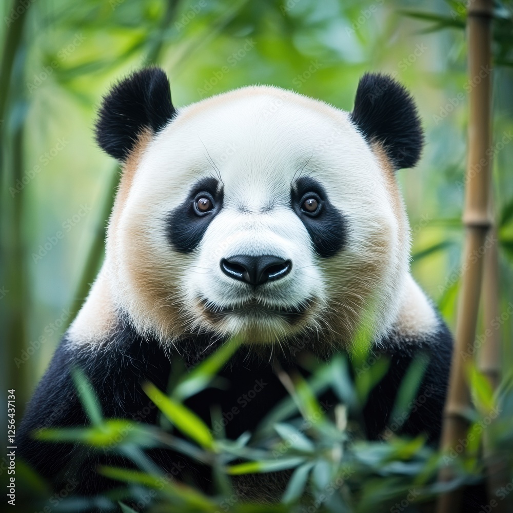 Fototapeta premium Captivating panda portrait surrounded by lush bamboo forest with ample space for text inclusion. Generative AI