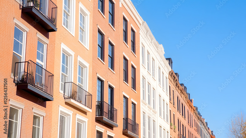 Urban Skyline: Row of charming, brick-faced apartment buildings with wrought-iron balconies against a clear blue sky. Modern city living in style. Urban Skyline: Row of charming, brick-faced apartment buildings with wrought-iron balconies against a clear blue sky. Modern city living in style.