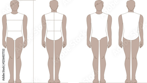 Male body template front and back view for fashion and medical design
